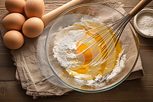 Baking essentials Eggs whisked in a bowl on rustic table