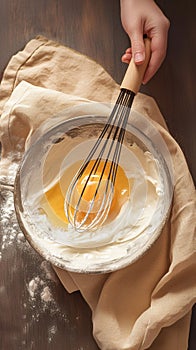 Baking essentials Eggs whisked in a bowl on rustic table photo