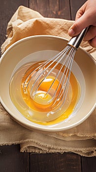 Baking essentials Eggs whisked in a bowl on rustic table photo