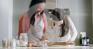 Baking, family and a mother with her daughter learning how to use a rolling pin while cooking in a kitchen. Bake, kids