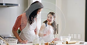 Baking, family and a mother with her girl kid learning about cooking in a kitchen for child development. Bake, kids and