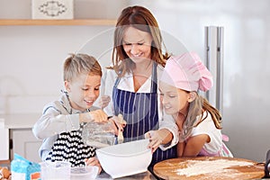 Baking, family and recipe in kitchen of home together learning how to cook or prepare fresh pastry. Love, smile or happy