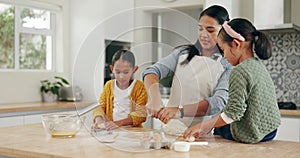 Baking, family talk and learning kids helping mother in a kitchen at a table. Home, support and mama cooking and