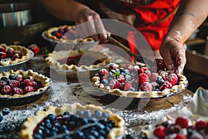 Baking festive pies for the 4th of July, hands sprinkling sugar on berries