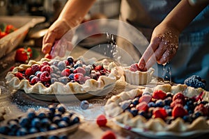 Baking festive pies for the 4th of July, hands sprinkling sugar on berries