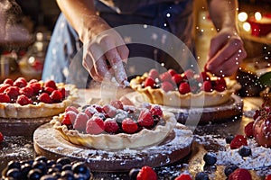 Baking festive pies for the 4th of July, hands sprinkling sugar on berries