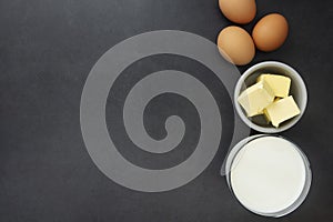 Baking food ingredients. Flat lay cooking pastry mockup, gray background with copy space