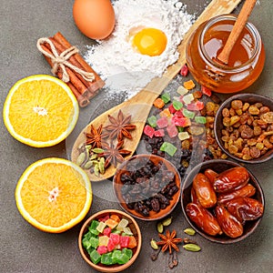 Baking a fruitcake. The ingredients on the table