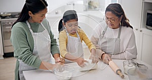 Baking, helping and family in a kitchen with learning, care and cooking with mom, child and grandma. Happy, youth and