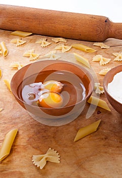 Baking ingedients. pasta on table