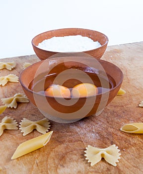 Baking ingedients. pasta on table