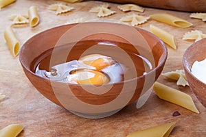 Baking ingedients. pasta on table