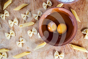 Baking ingedients. pasta on table