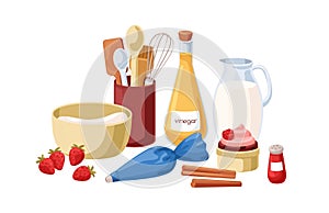 Baking ingredient, cooking utensil, kitchen tool composition. Bakery, confectionary stuff, food. Cupcake, milk in jug