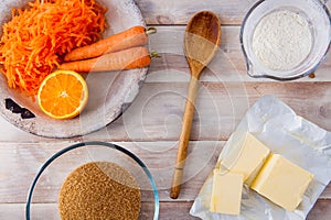 Baking ingredients for a carrot cake