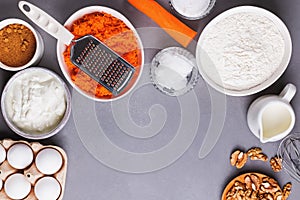 Baking ingredients for a carrot cake, top view