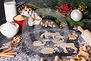 Baking ingredients for Christmas cookies gingerbread.