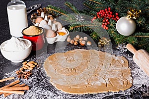 Baking ingredients for Christmas cookies gingerbread. Molds for baking, spices and decorations for Christmas.