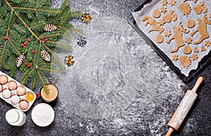 Baking ingredients for Christmas cookies gingerbread. Molds for baking, spices and decorations for Christmas.