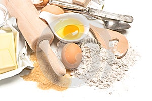 Baking ingredients, dough preparation, food background