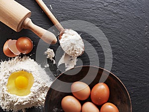 Baking ingredients: egg and flour.