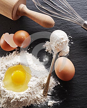 Baking ingredients: egg and flour.