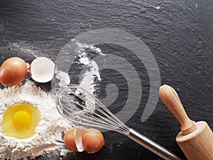 Baking ingredients: egg and flour.