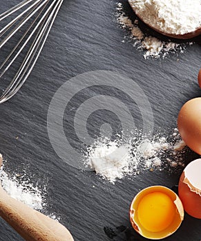 Baking ingredients: egg and flour.