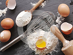 Baking ingredients: egg and flour.