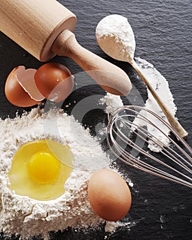 Baking ingredients: egg and flour.