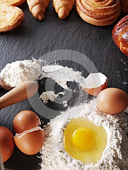 Baking ingredients: egg and flour.