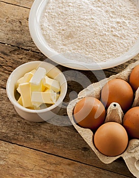 Baking ingredients egg flour and butter