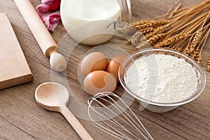 Baking ingredients - egg, flour, milk