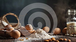 Baking Ingredients with Eggs, Flour, and Milk