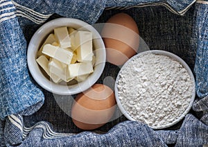 Baking ingredients, flour, butter,eggs