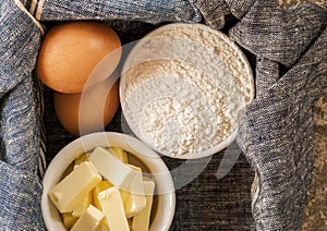 Baking ingredients, flour, butter,eggs