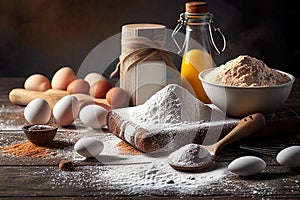 Baking Ingredients Flour Sugar Eggs On Wooden Table - Generative AI