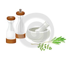 Baking Ingredients with Herbs Pounding with Pestle Vector Illustration