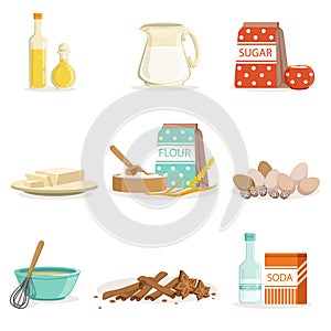 Baking Ingredients And Kitchen Tools And Utensils Collection Of Realistic Cartoon Vector Illustrations With Cooking