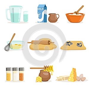 Baking Ingredients And Kitchen Tools And Utensils Set Of Realistic Cartoon Vector Illustrations With Cooking Related