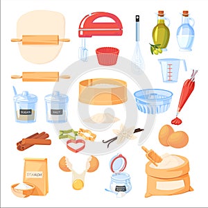 Baking ingredients and kitchen utensil icons. Vector flat cartoon illustration. Cooking and recipe design elements