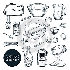 Baking ingredients and kitchen utensil icons. Vector flat cartoon illustration. Cooking and recipe design elements