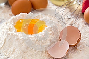 Baking ingredients -mixing egg and flour baking cakes