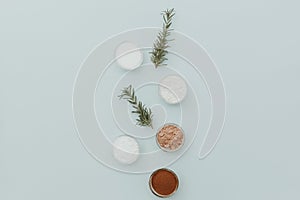 Baking ingredients on pastel background, top view, flat lay, copy space. Baking soda, flour, cinnamon.