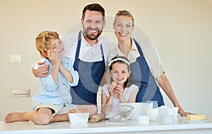 Baking, ingredients or recipe with portrait of family in kitchen of home together for cooking pastry. Mother, father and