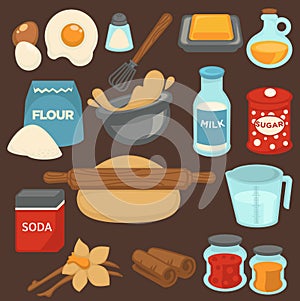 Baking ingredients and tools for bread and pastry cakes vector flat icons