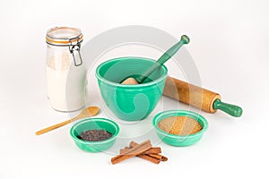Baking Ingredients with Vintage Festive Bowls and Kitchenware.
