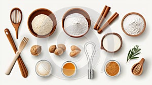 Baking ingredients on a white background