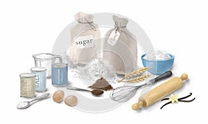 Baking ingredients on white background. Eggs, rolling pin, flour, condensed milk, cream cheese. Home baking concept