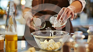 A baking instructor demonstrating how to infuse desserts with unique flavors using nonalcoholic beverages during a photo